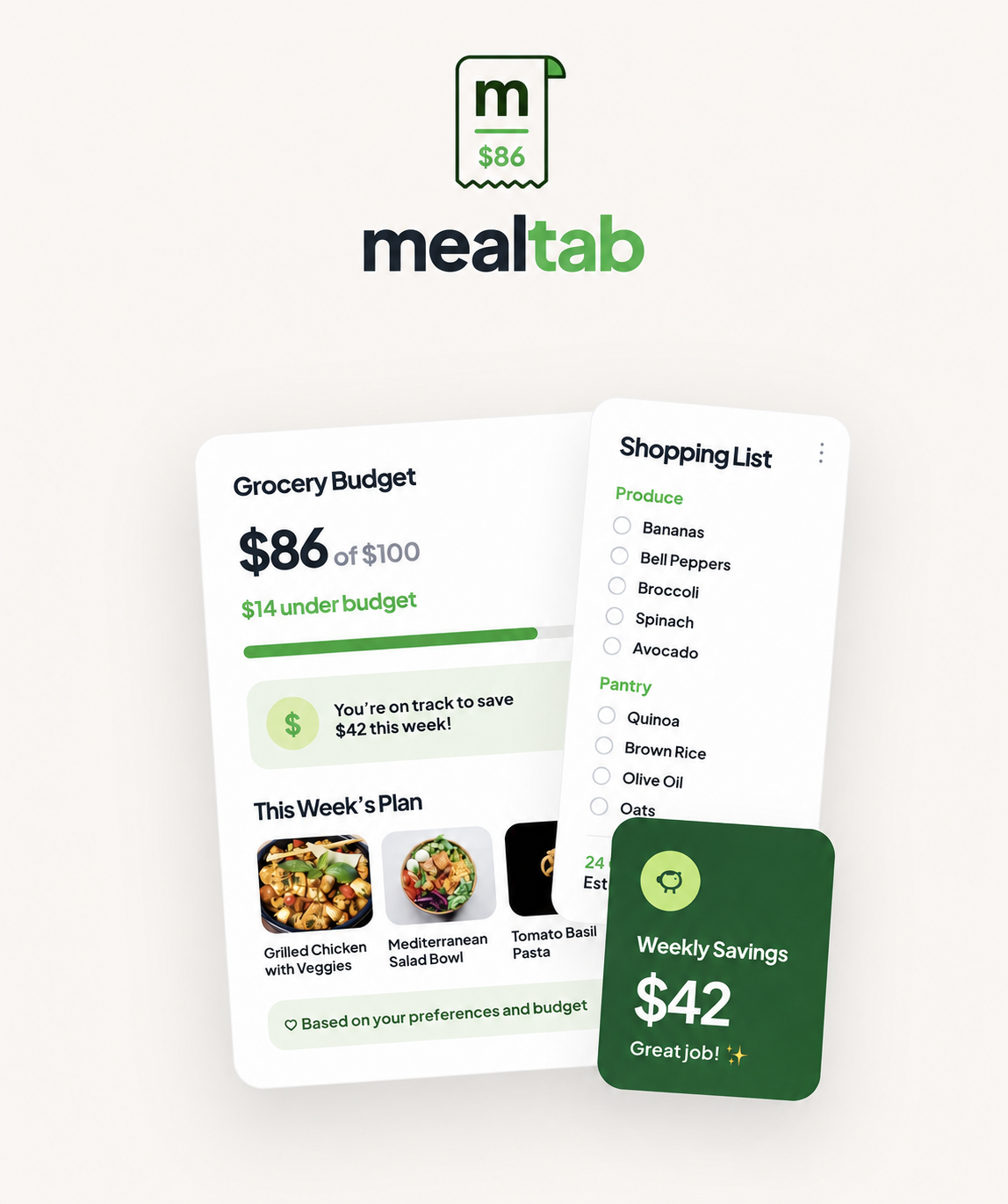 MealTab logo with grocery budget, weekly meal plan, shopping list and savings interface