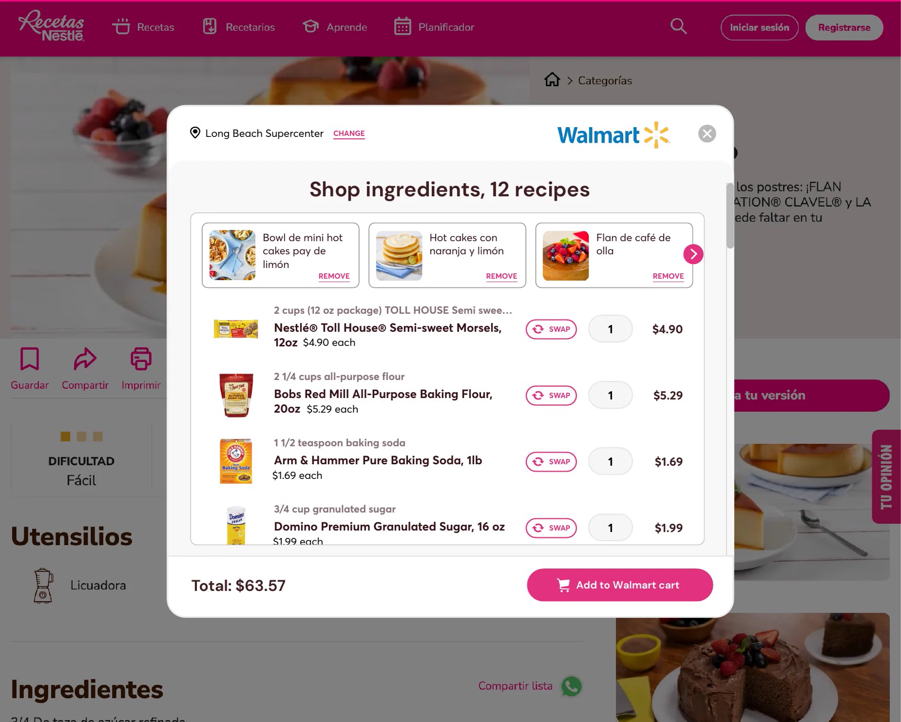 Desktop basket containing products from multiple recipes