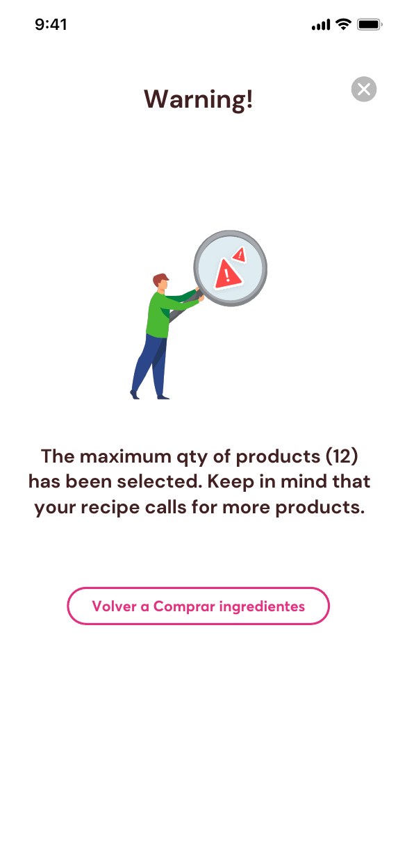 Mobile basket warning identifying an unavailable quantity