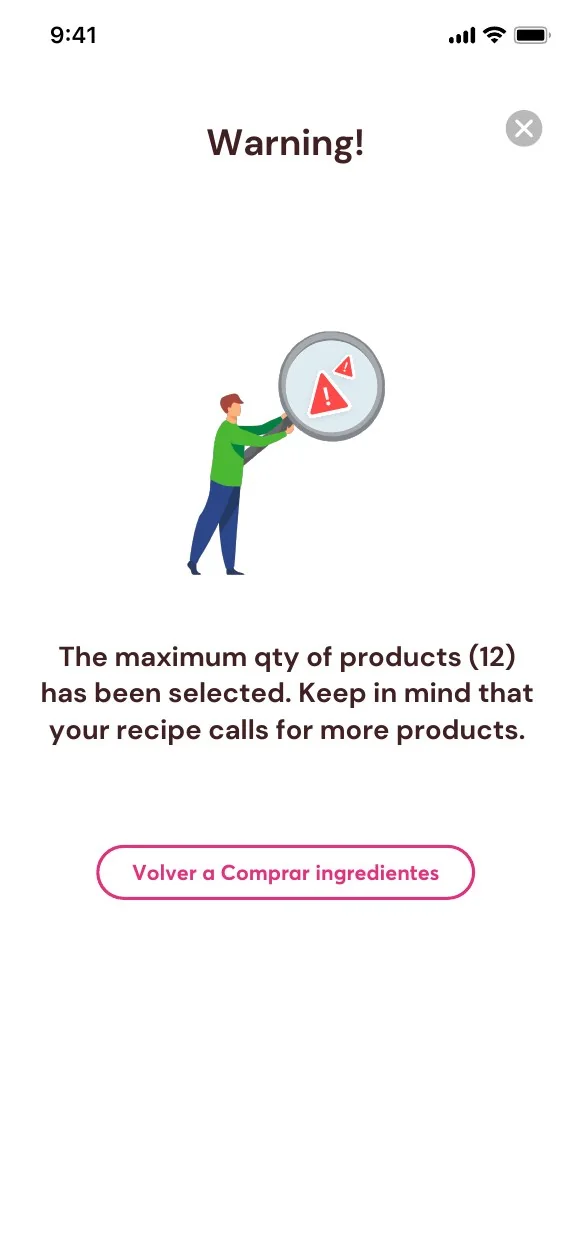 Mobile basket warning identifying an unavailable quantity