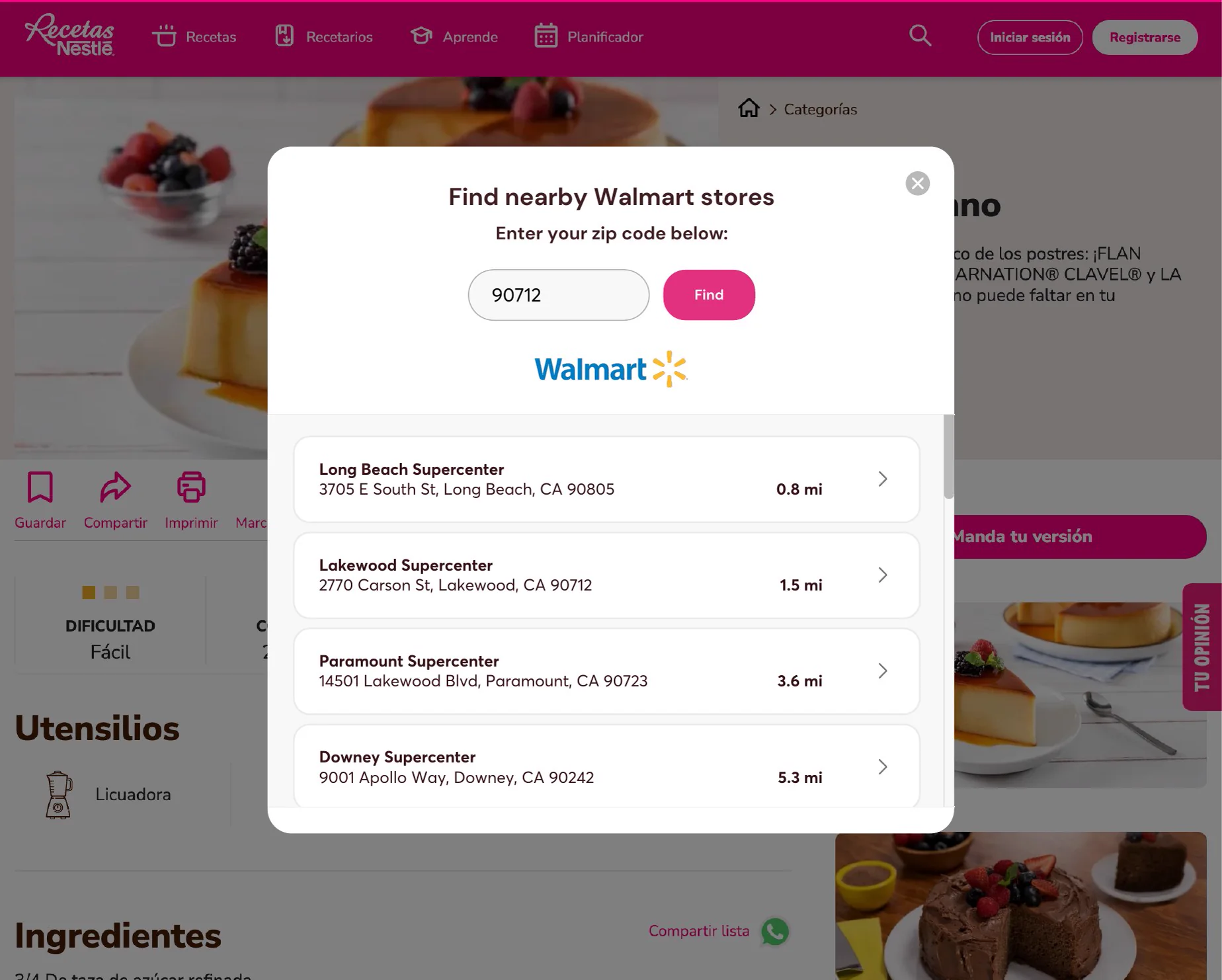 Nearby Walmart store selection