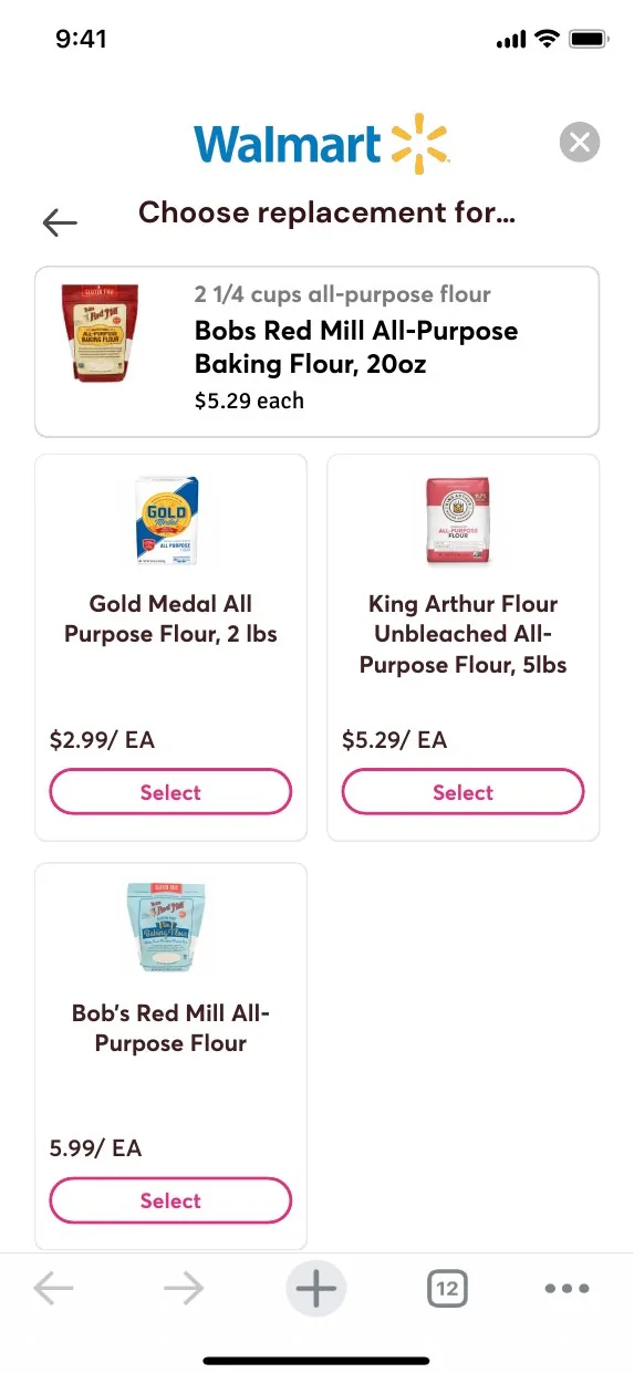Mobile product substitution choices for the affected ingredient