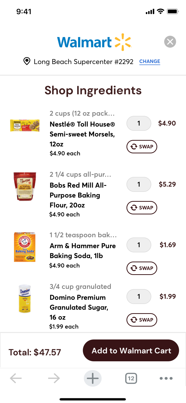 Walmart ingredient basket generated from a Nestlé Toll House recipe without browser navigation controls