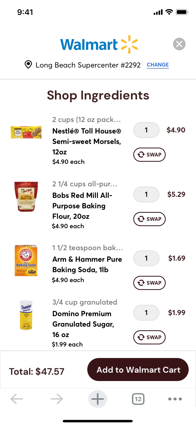 Walmart ingredient basket generated from a Nestlé Toll House recipe without browser navigation controls