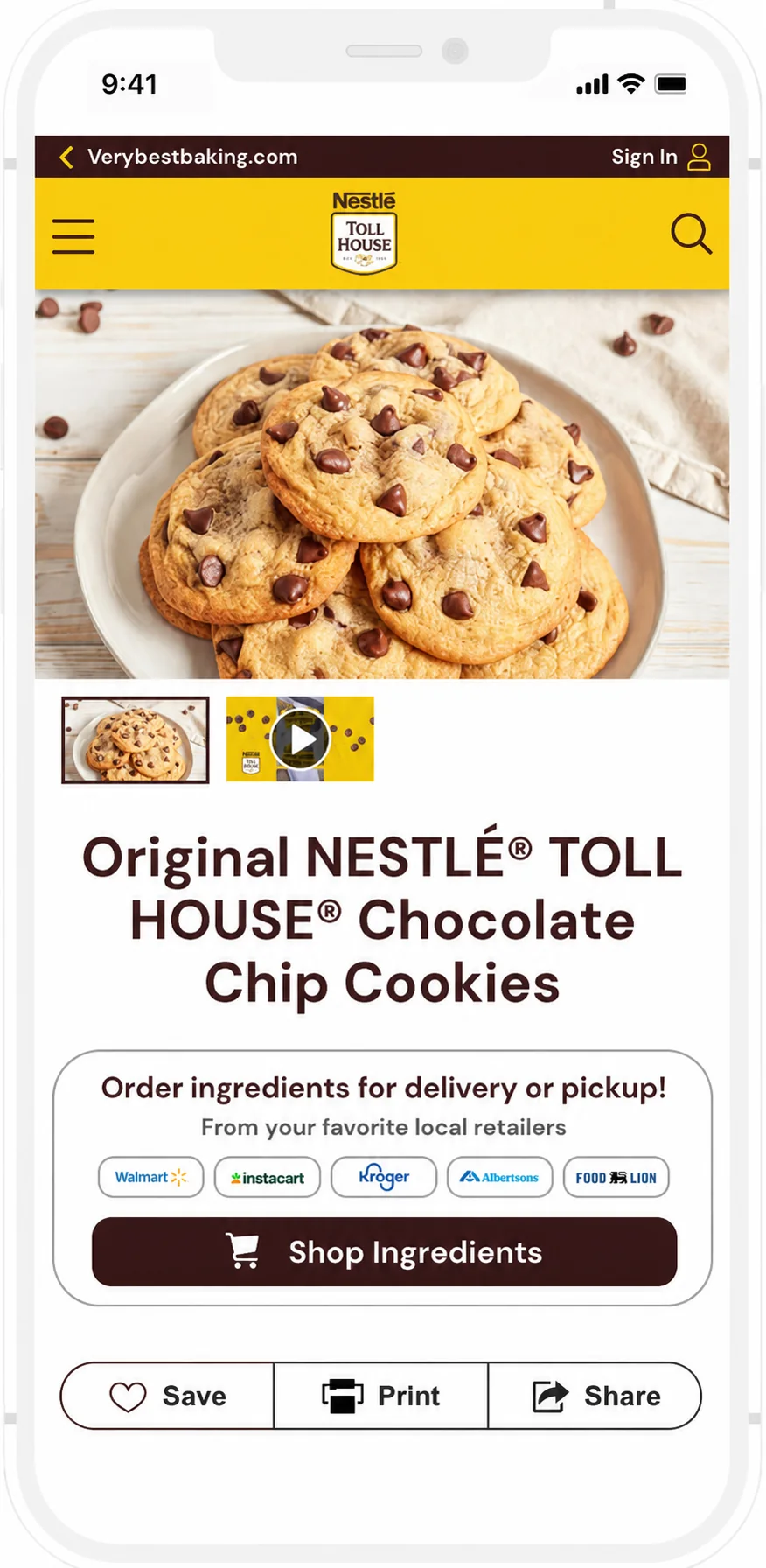 Nestlé Toll House recipe page ending directly after the save, print and share controls
