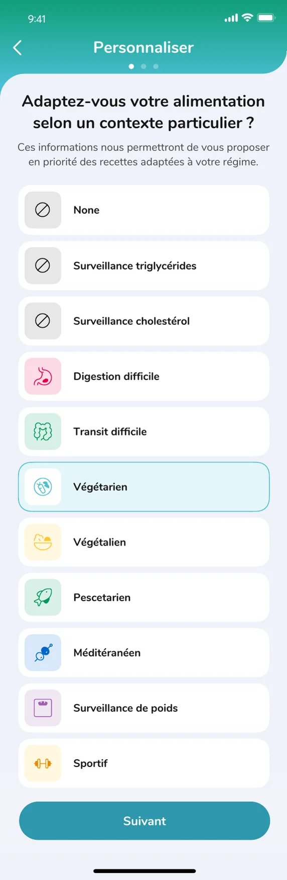 Phil diet context selection screen