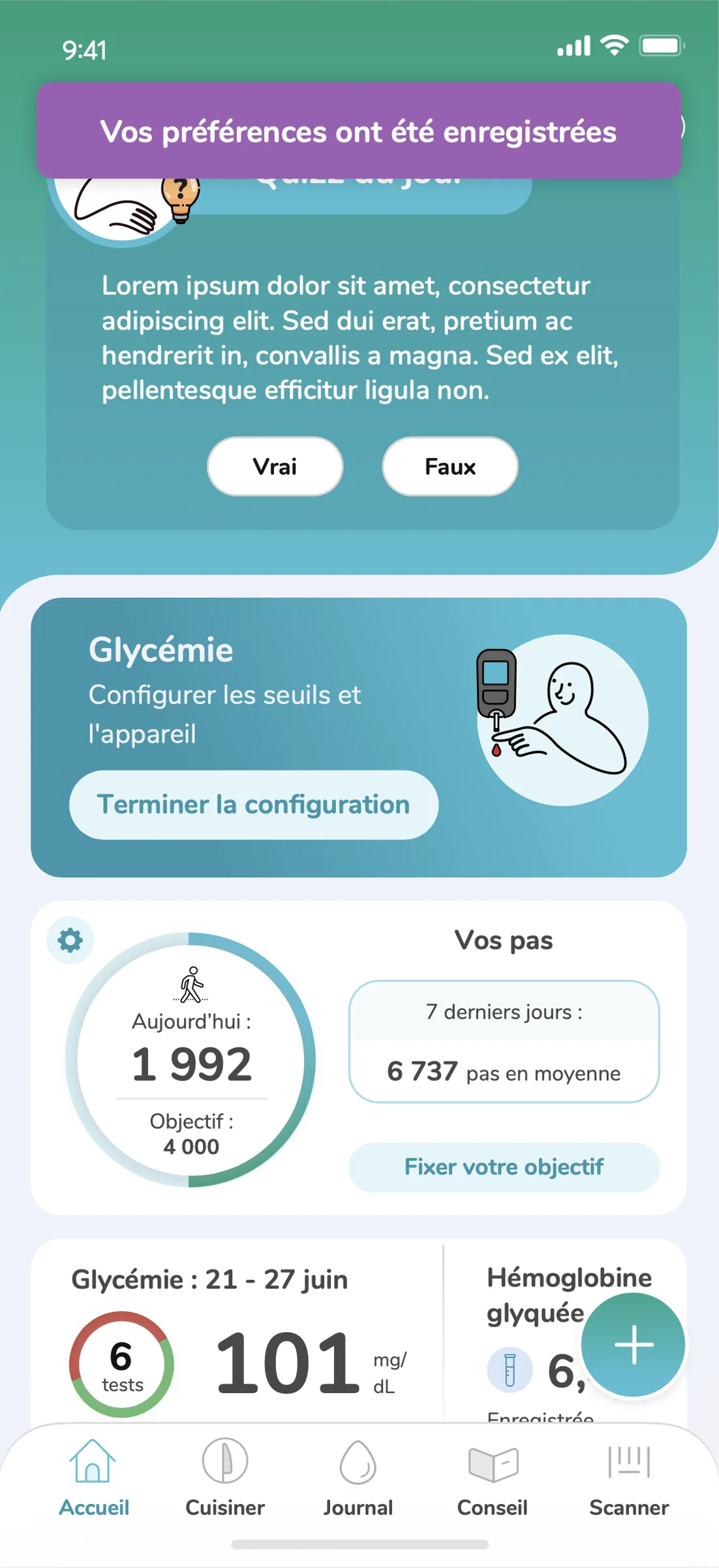 Phil personalized home screen with saved preferences, glucose setup and activity summary