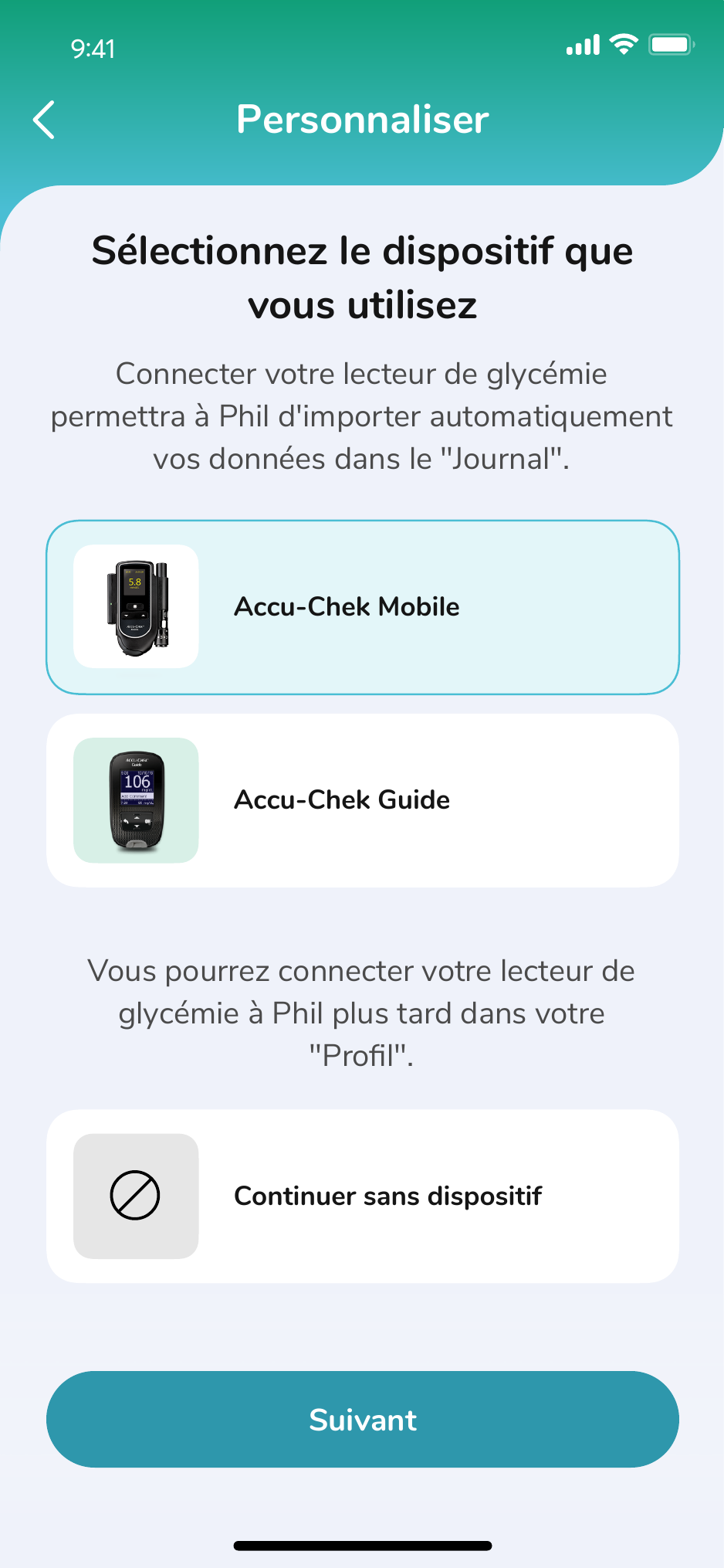 Phil screen for selecting and connecting an Accu-Chek glucose meter