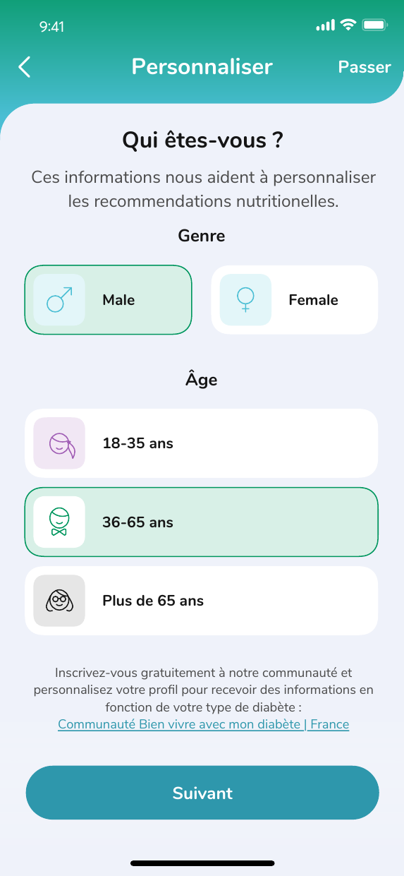 Phil profile screen for selecting gender and age range
