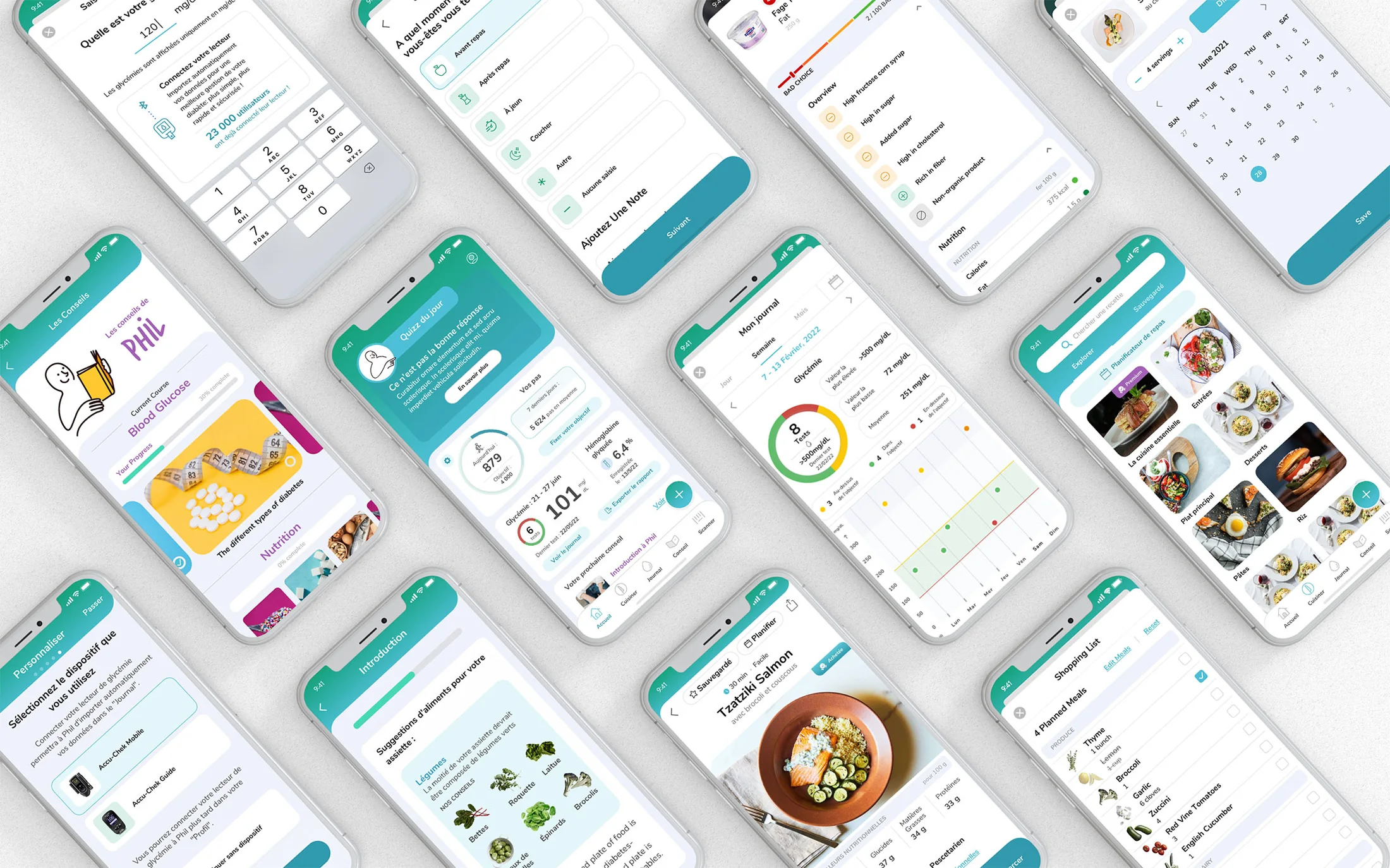 Phil mobile product screens for diabetes, nutrition and health management