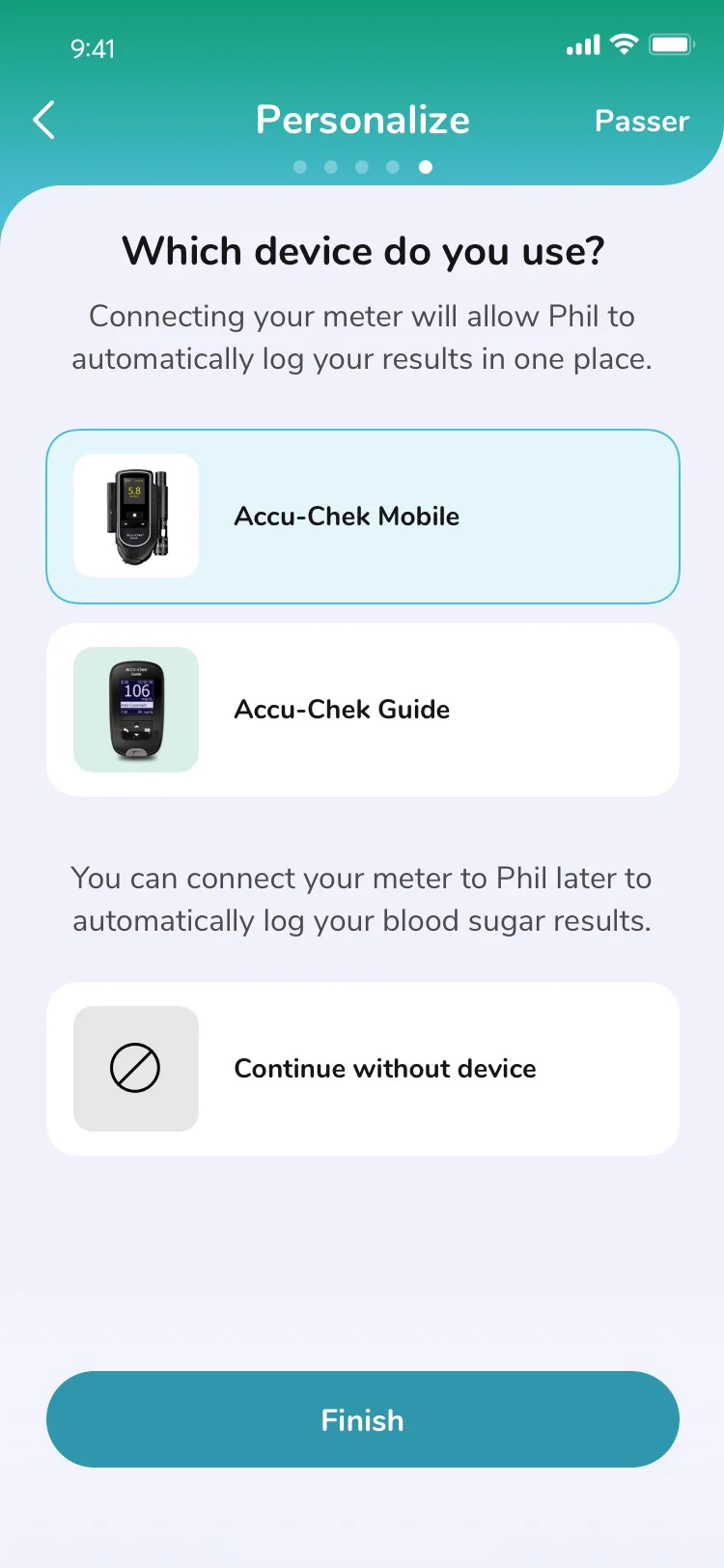 Phil screen for selecting an Accu-Chek glucose meter
