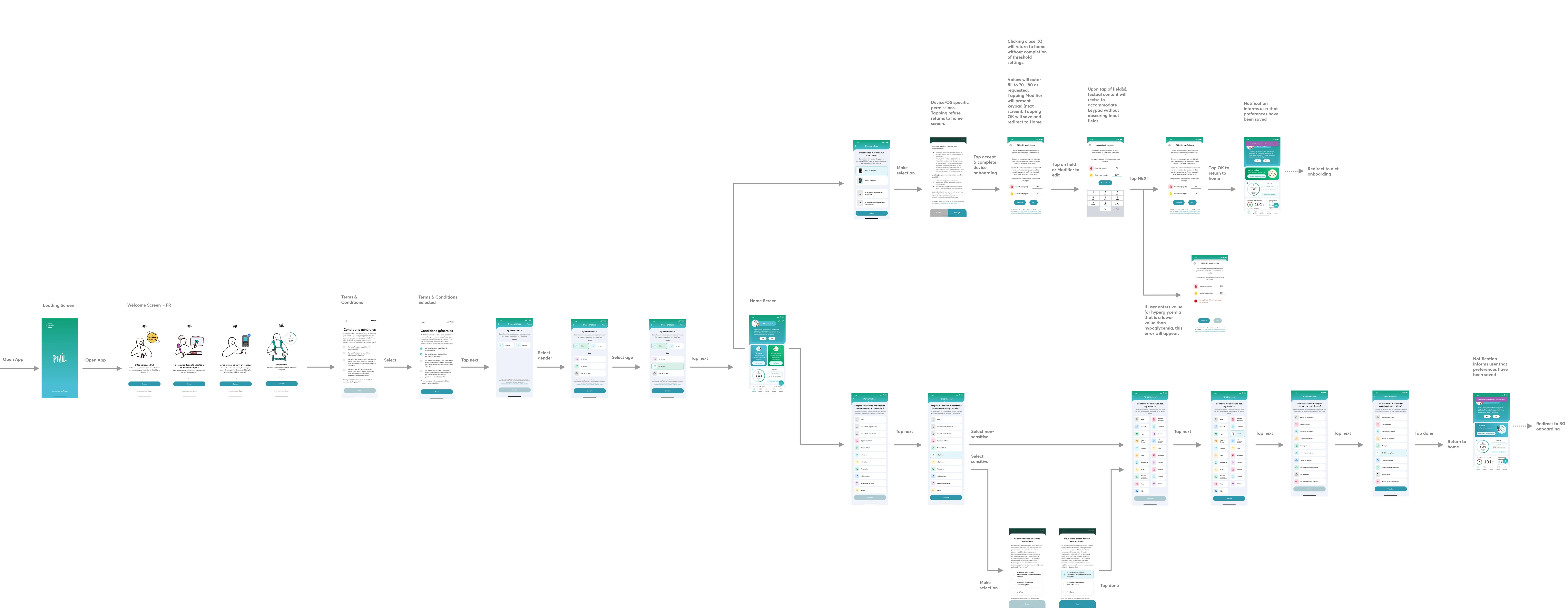 Detailed onboarding flow showing app launch, consent, profile setup, health targets, preferences and home states